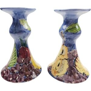Vintage Steve Hasslock New Orleans Pottery Fruit Candlesticks Signed Folk Art